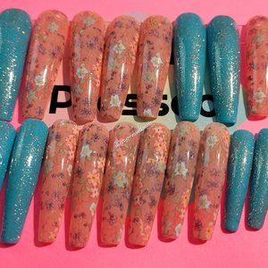 Aqua Shimmer Nude Distressed Floral Design Xl Ballerina Press on Nails